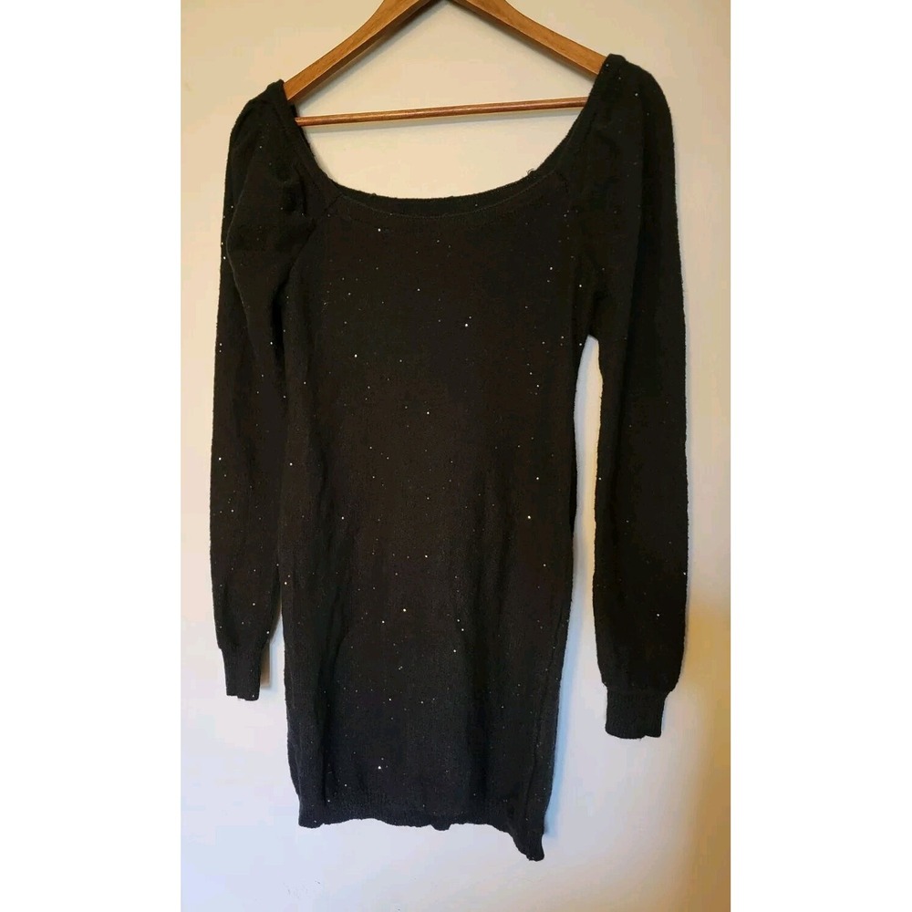 Midi Sweater Dress Womens Medium Black Sparkles Ruffled Shoulder Off Shoulder -C